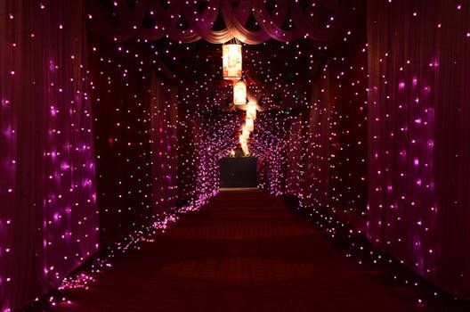 A mesmerizing corridor lit with vibrant purple lights creating a magical ambiance indoors.